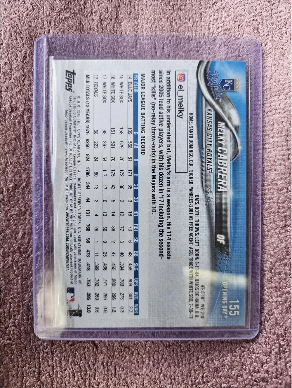 2018 Topps Opening Day Melky Cabrera - Purple Foil #155 - RAW Mint - Picture 2 of 2